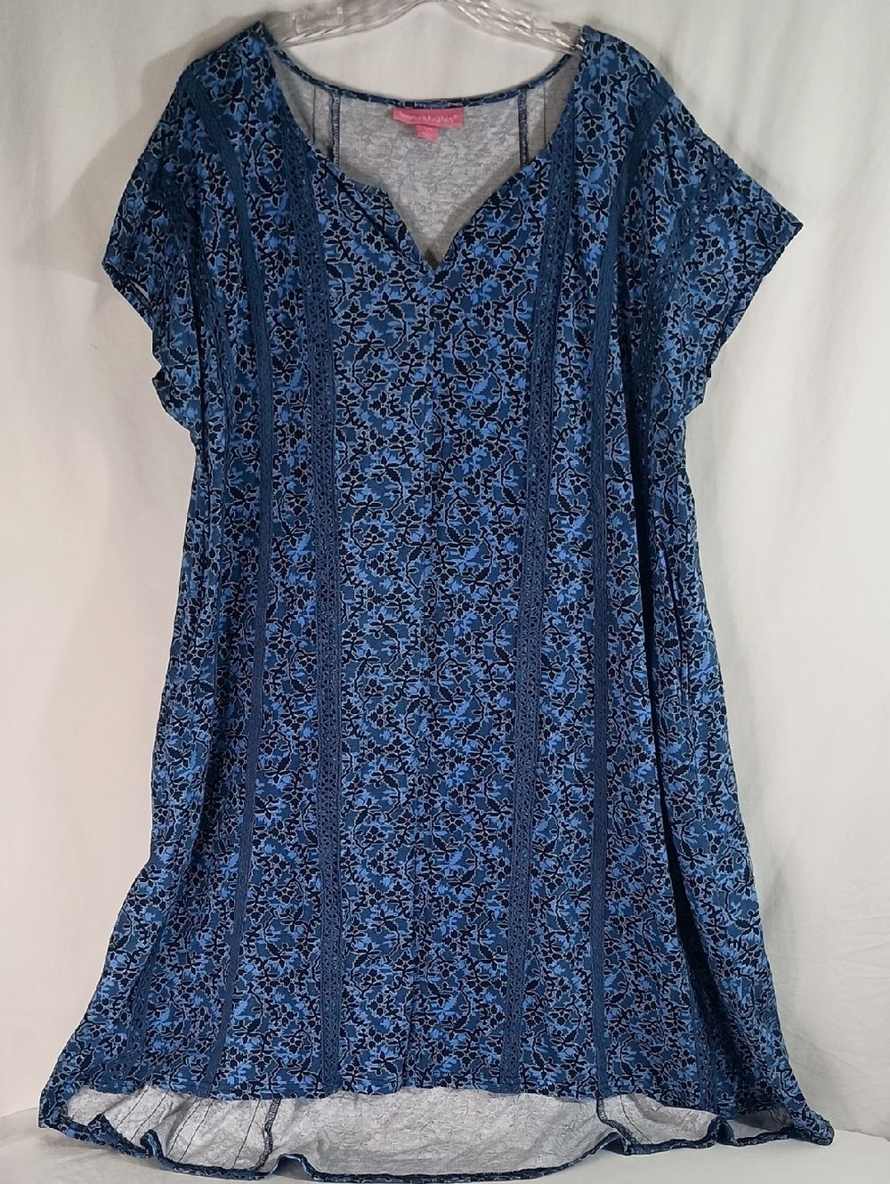 Women's Size Large Cotton Floral V-Neck Tunic dress Pockets Blue - Picture 9 of 10